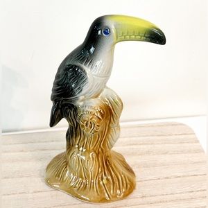 Vintage Hand Painted Glass Black & Yellow Island Bird Branch Sculpture Figurine